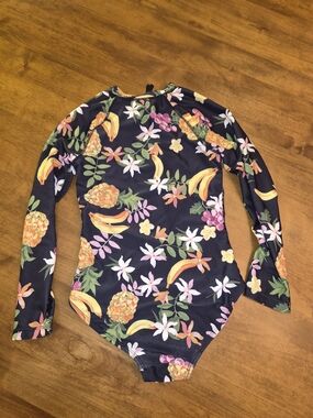 Girls Long-Sleeve One-Piece Swimsuit Black Tropical Print Sz 8 (M)